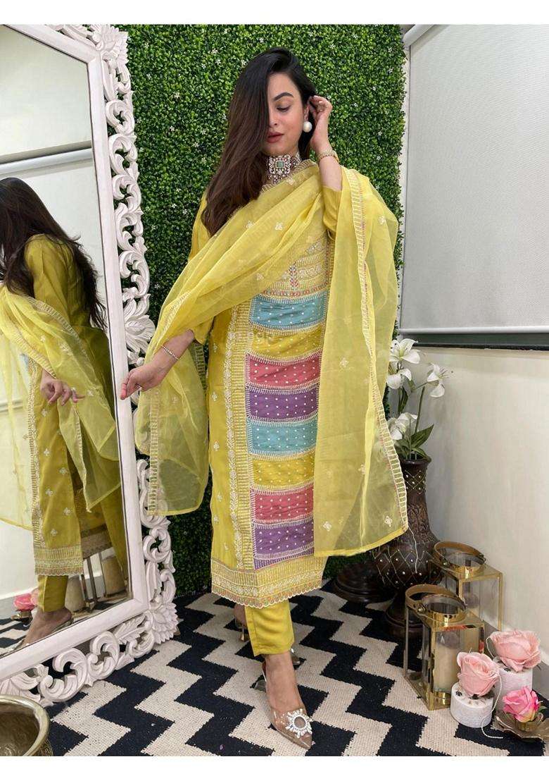 Yellow Embroidery Rayon Kurta Set - Indya