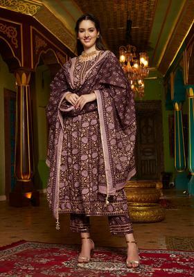 Brown Floral Cotton Anarkali Set
