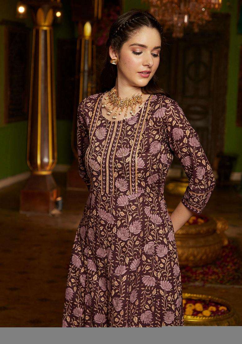Brown Floral Cotton Anarkali Set - Indya
