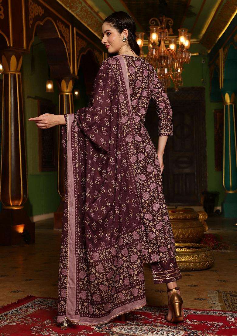 Brown Floral Cotton Anarkali Set - Indya