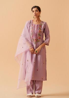 Lavender Embroidery Silk Kurta Set