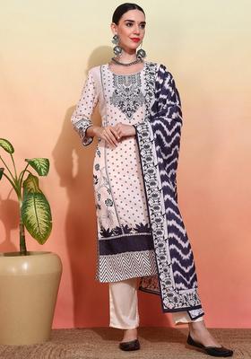 Off White Printed Muslin Kurta Set