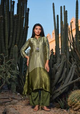 Green Stripes Silk Kurta Set