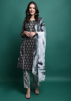 Black Printed Cotton Kurta Set