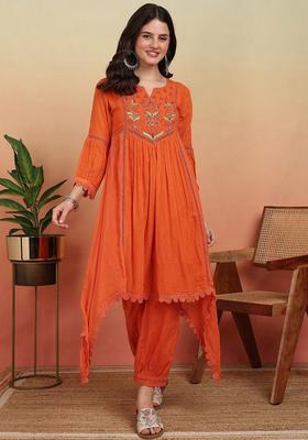 Orange Embroidery Cotton Salwar Suit Set