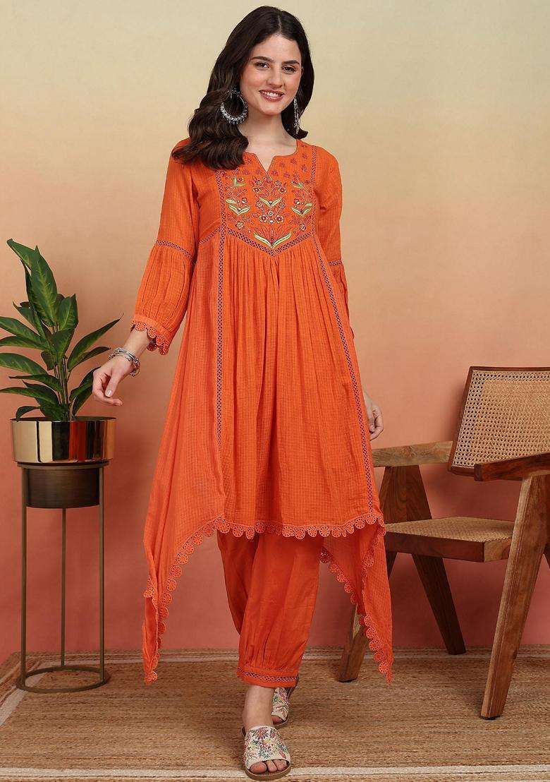 Orange Embroidery Cotton Salwar Suit Set - Indya