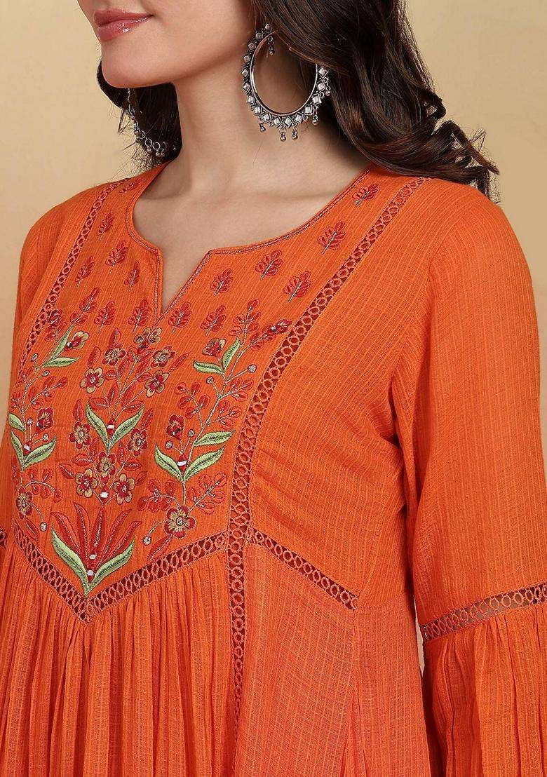 Orange Embroidery Cotton Salwar Suit Set - Indya