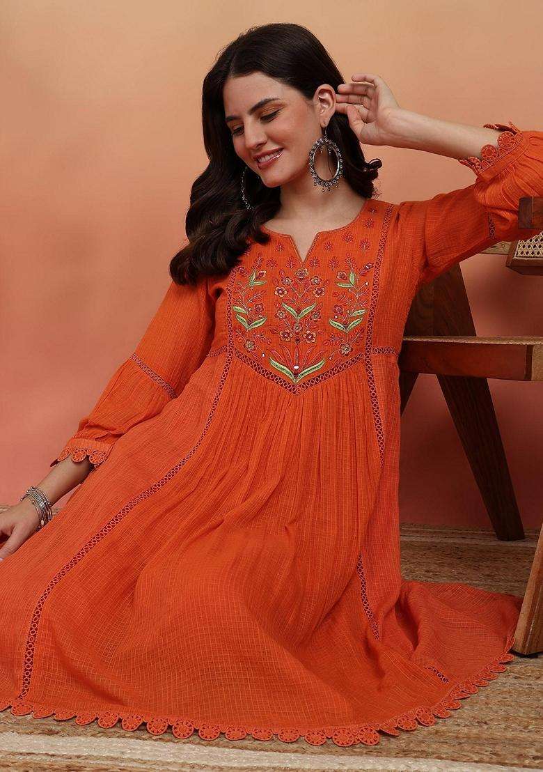 Orange Embroidery Cotton Salwar Suit Set - Indya