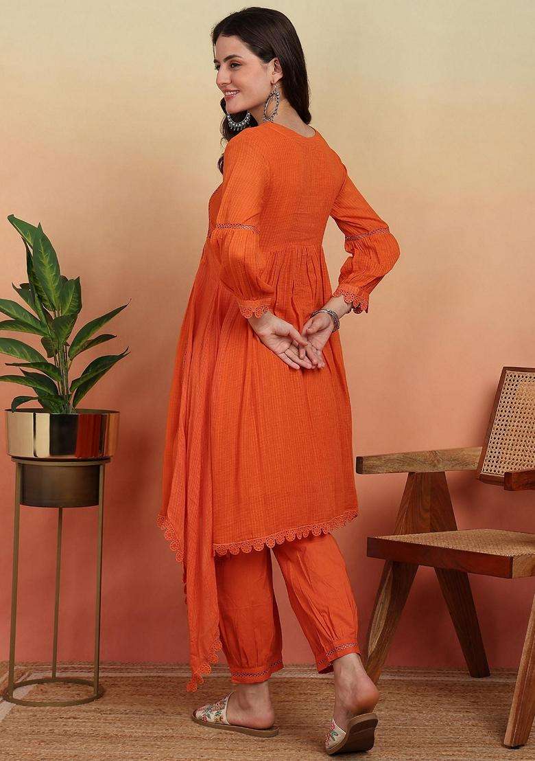 Orange Embroidery Cotton Salwar Suit Set - Indya