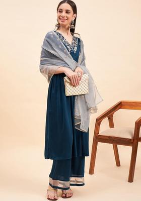 Blue Embroidery Silk Kurta Set