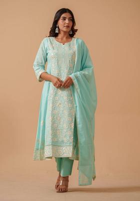 Blue Embroidery Silk Anarkali Set