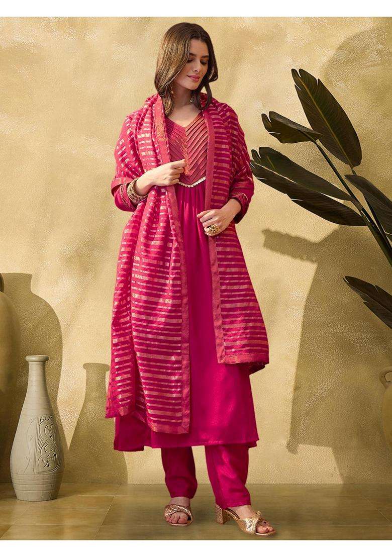 Magenta Solid Silk Blend Kurta Set - Indya