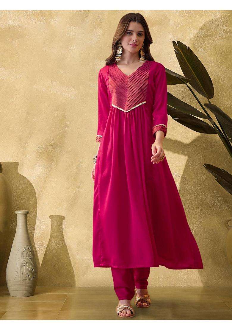 Magenta Solid Silk Blend Kurta Set - Indya