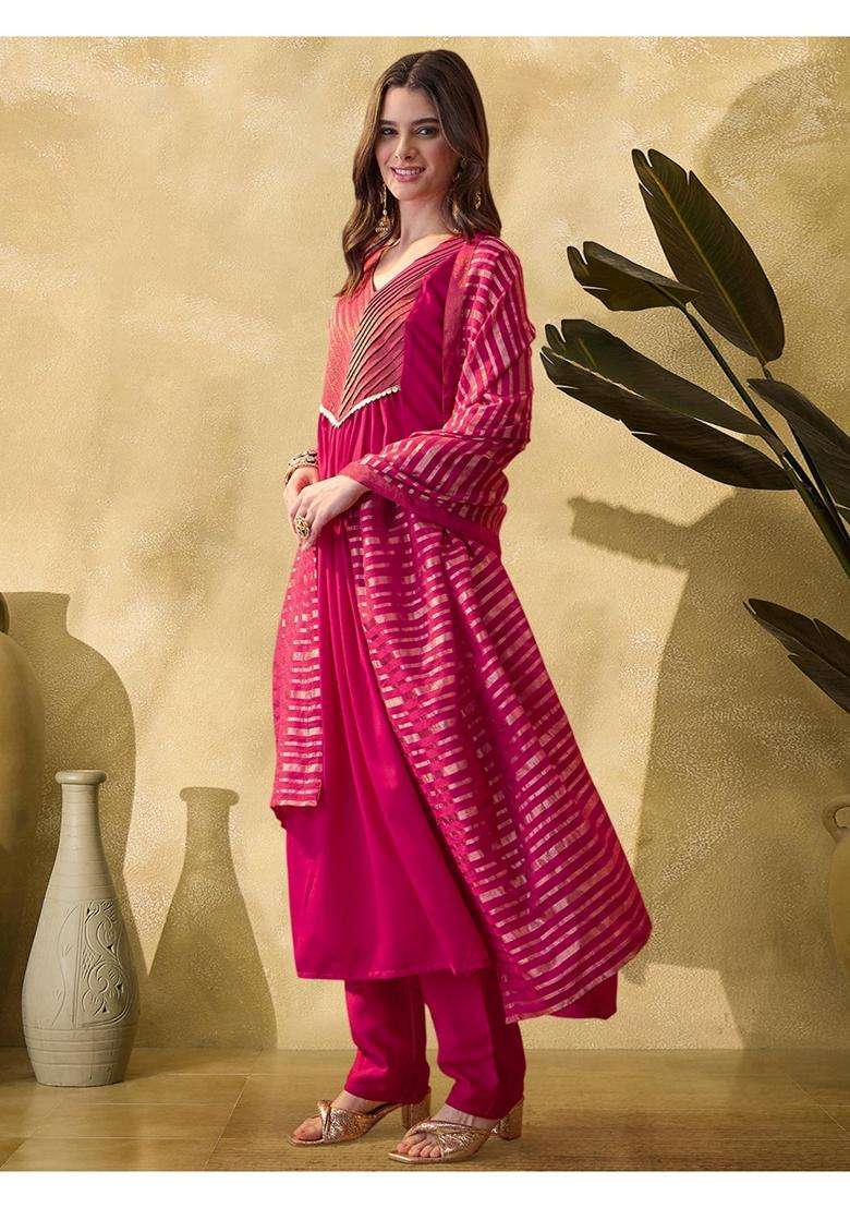 Magenta Solid Silk Blend Kurta Set - Indya