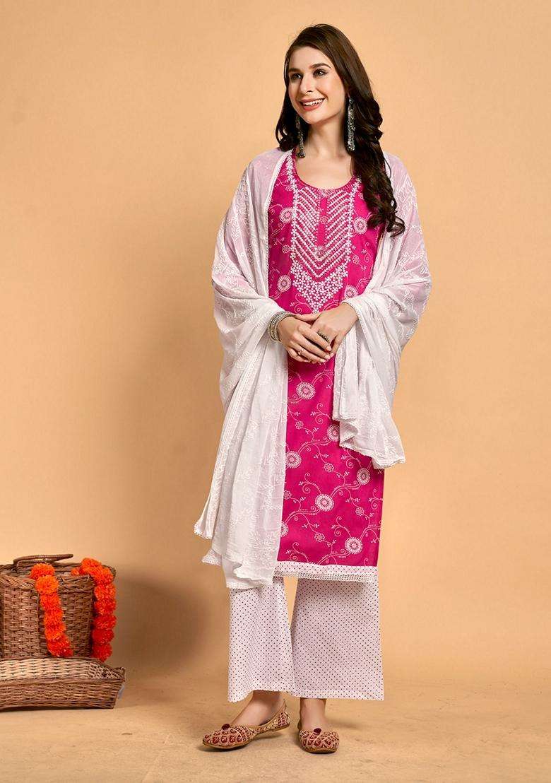Pink Embroidery Viscose Kurta Set - Indya