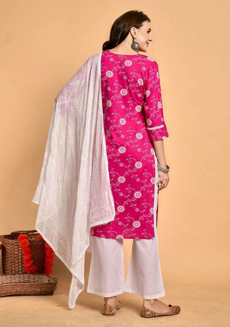 Pink Embroidery Viscose Kurta Set - Indya