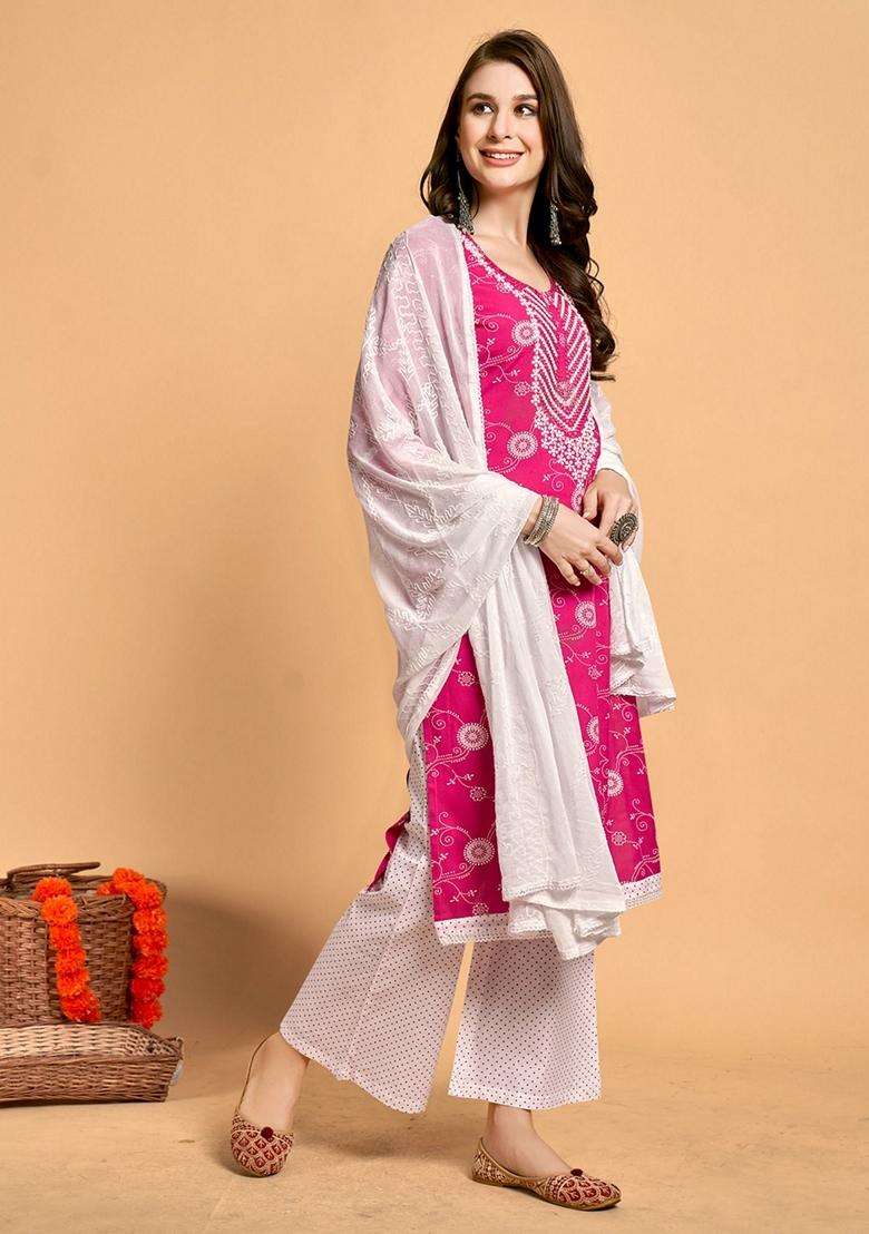 Pink Embroidery Viscose Kurta Set - Indya