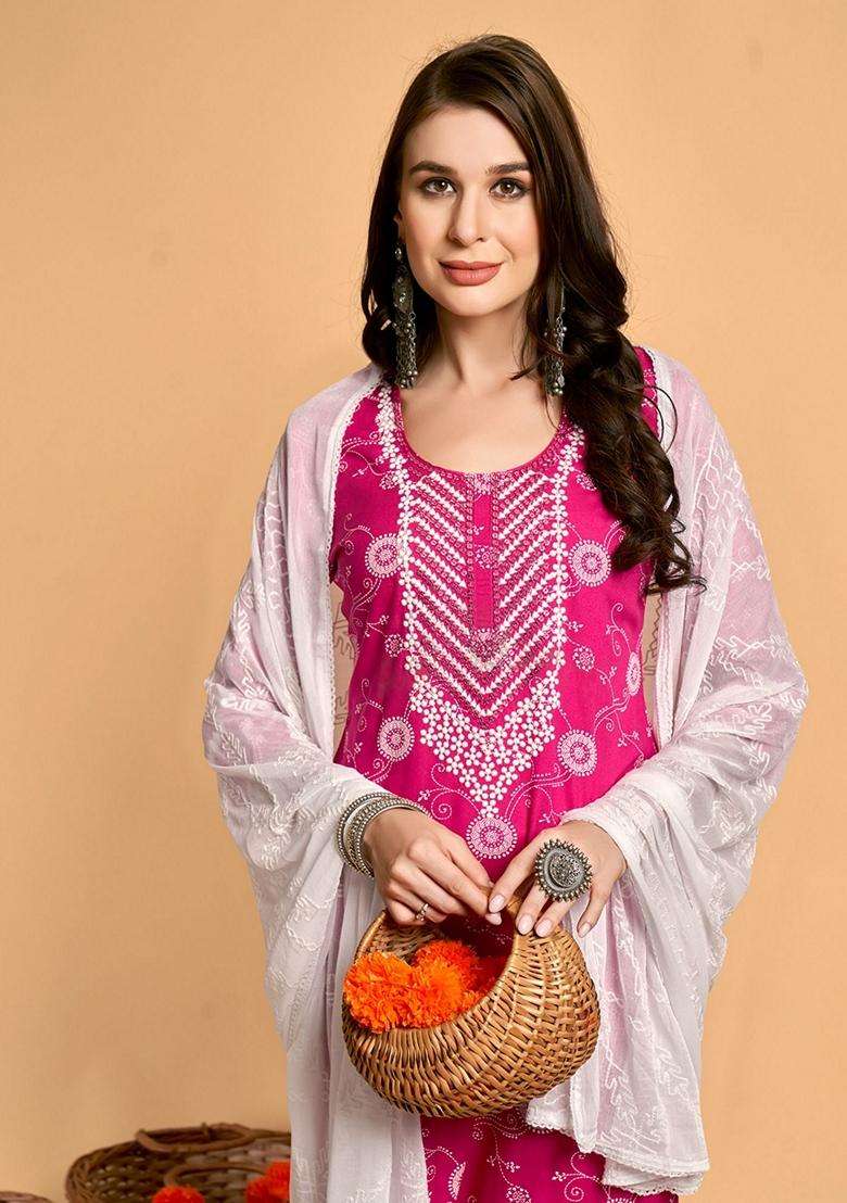 Pink Embroidery Viscose Kurta Set - Indya