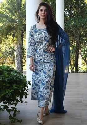 White Printed Cotton Kurta Set