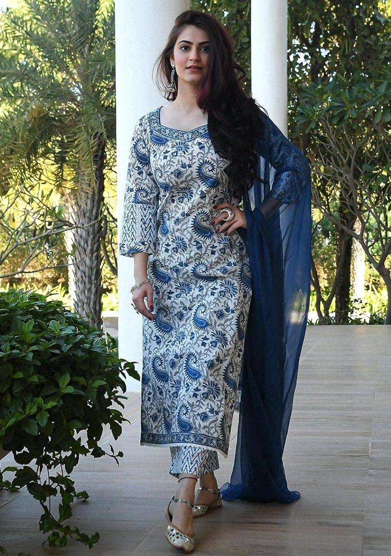 White Printed Cotton Kurta Set - Indya