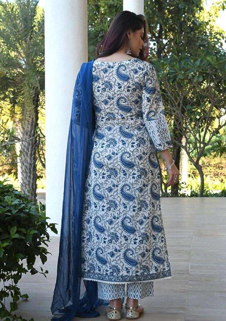 White Printed Cotton Kurta Set - Indya