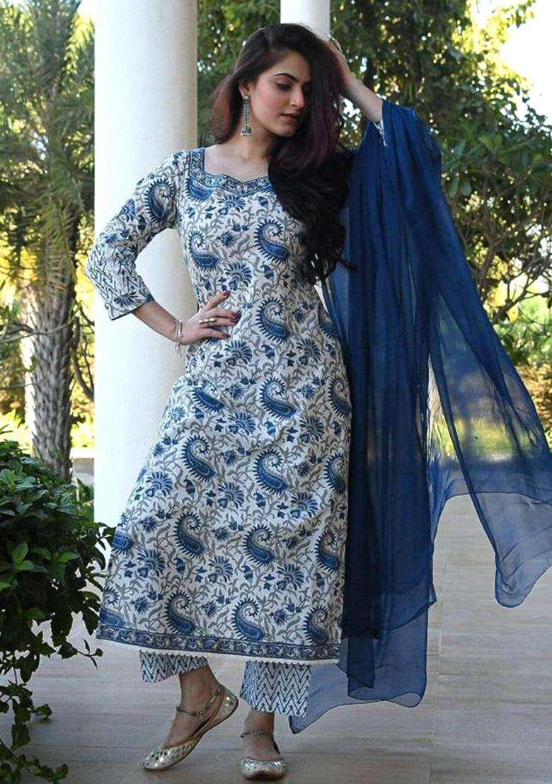 White Printed Cotton Kurta Set - Indya