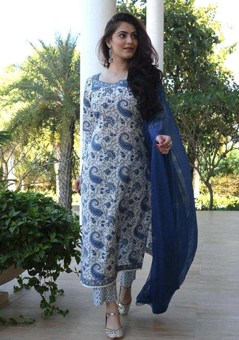 White Printed Cotton Kurta Set - Indya