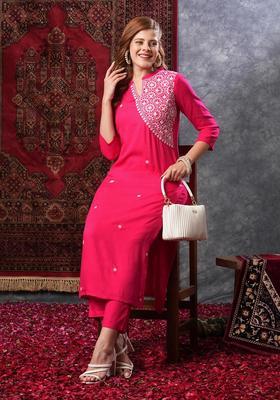 Pink Embroidery Rayon Kurta Set