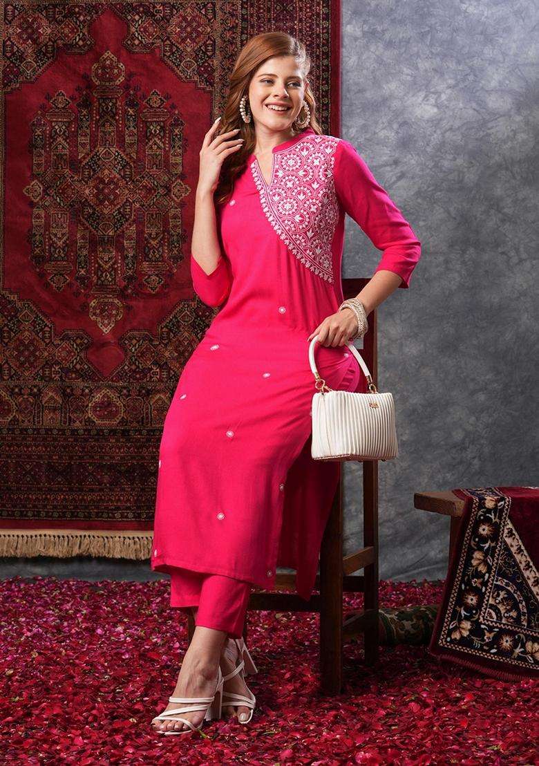 Pink Embroidery Rayon Kurta Set - Indya