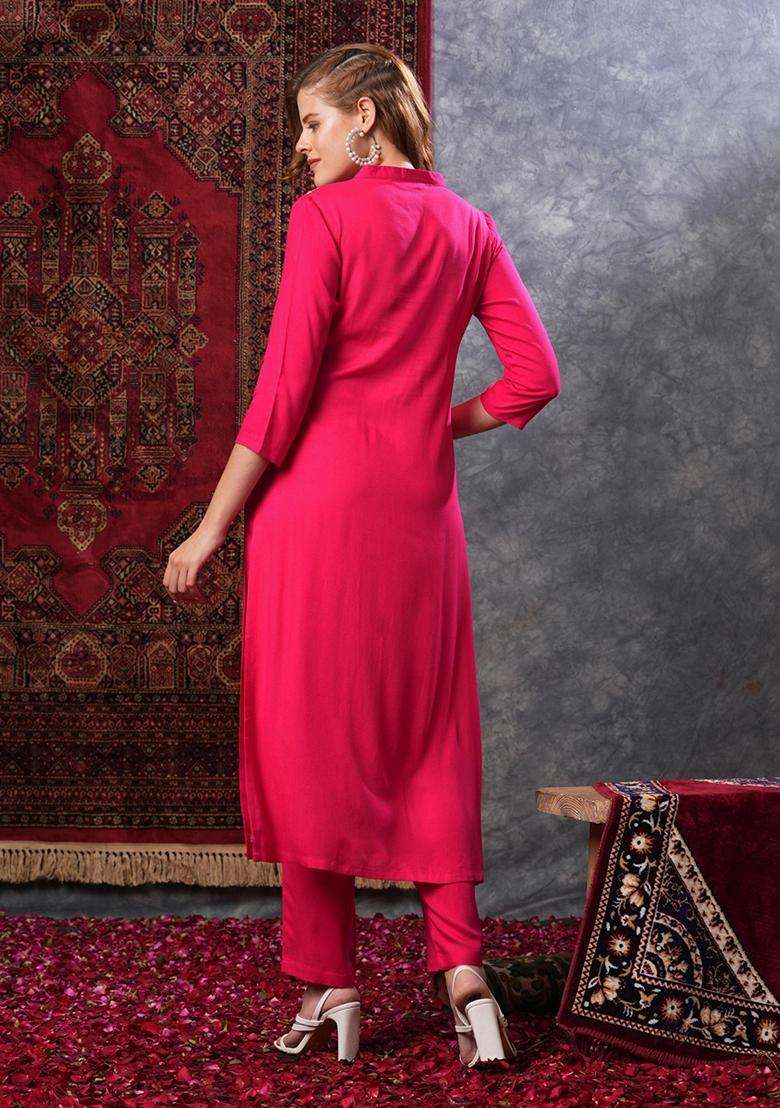 Pink Embroidery Rayon Kurta Set - Indya