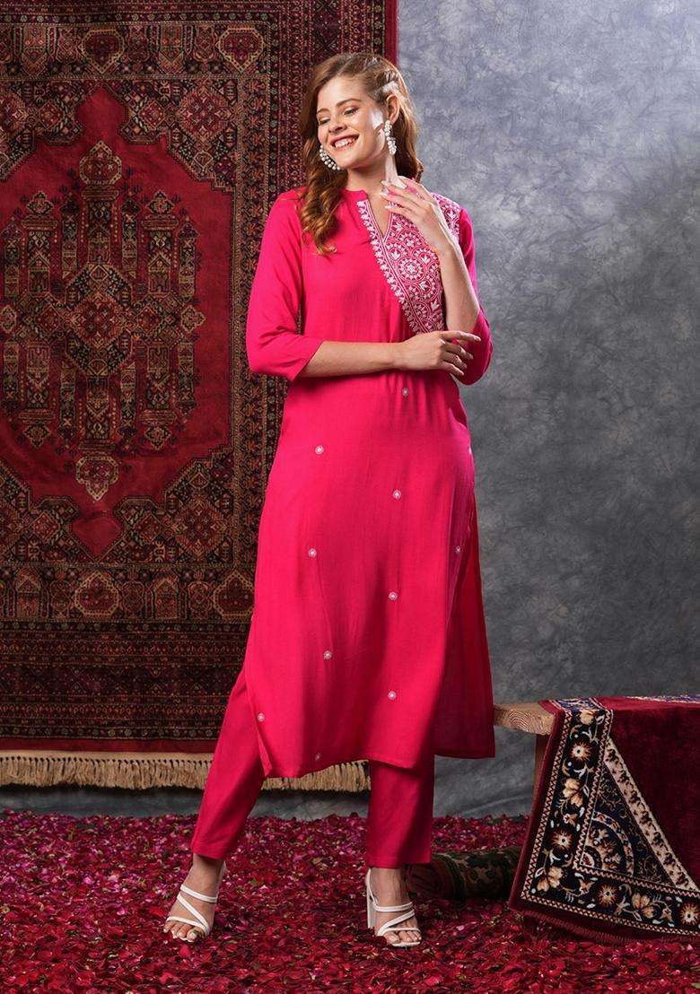 Pink Embroidery Rayon Kurta Set - Indya
