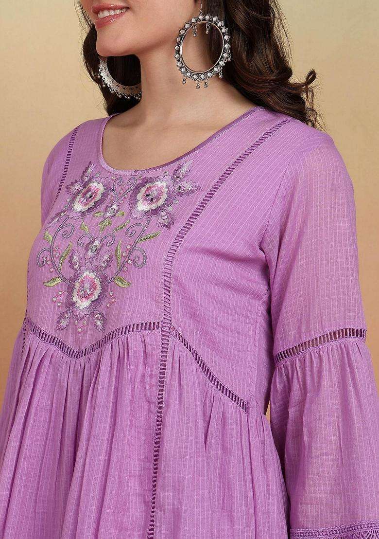 Purple Embroidery Cotton Salwar Suit Set - Indya
