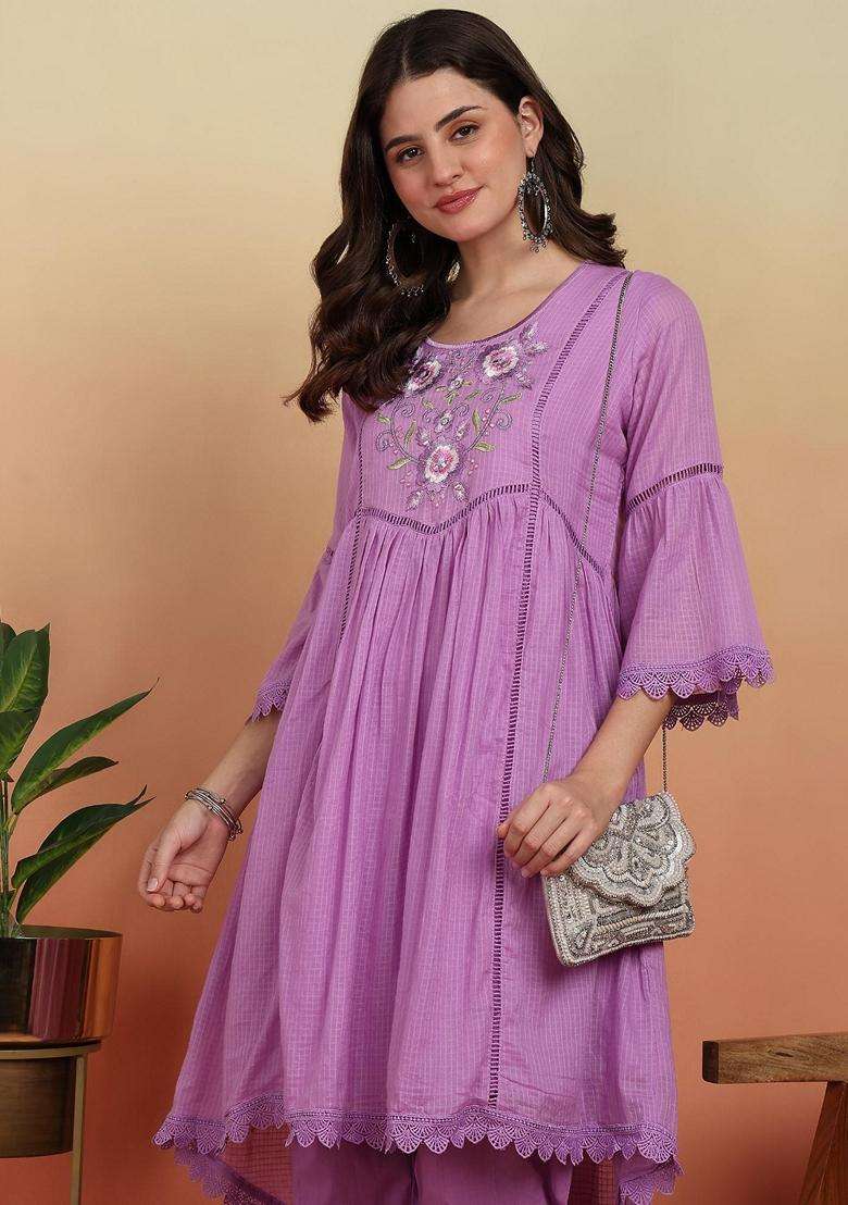 Purple Embroidery Cotton Salwar Suit Set - Indya