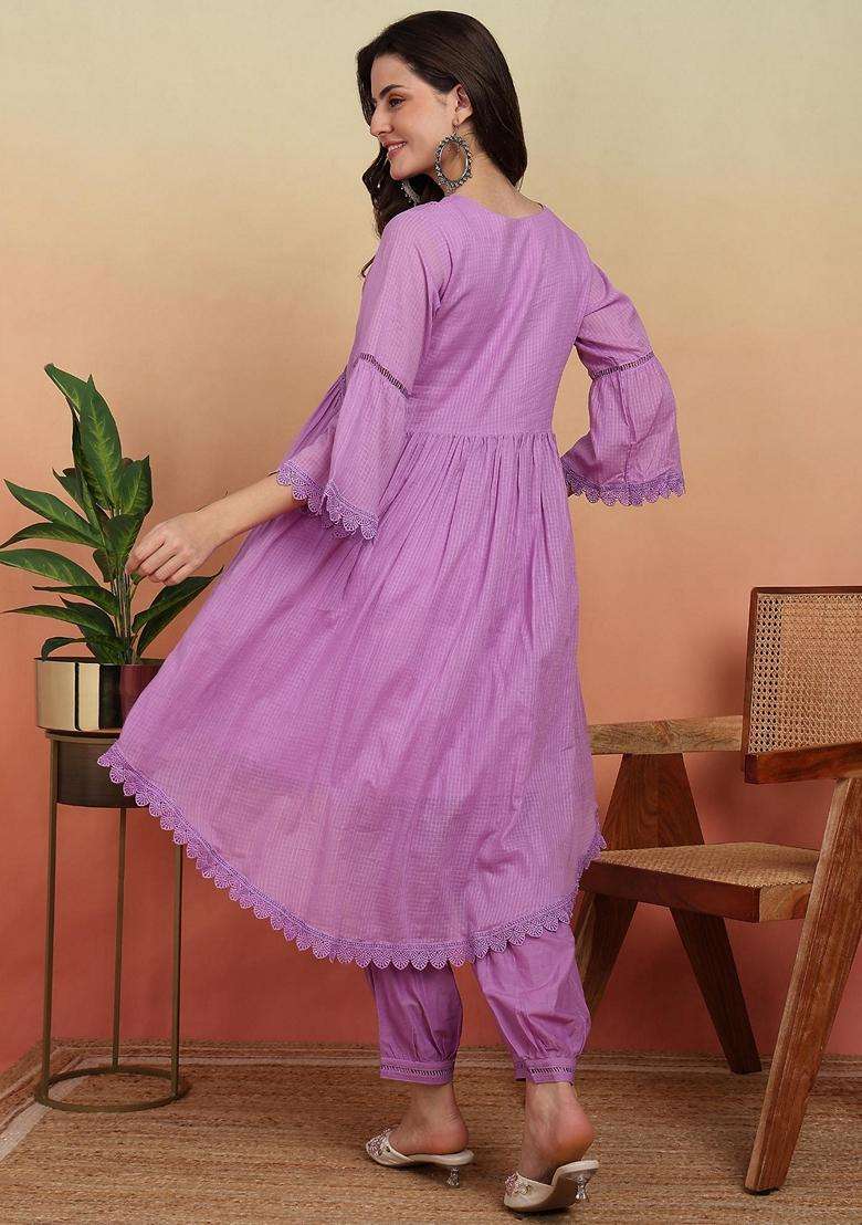 Purple Embroidery Cotton Salwar Suit Set - Indya