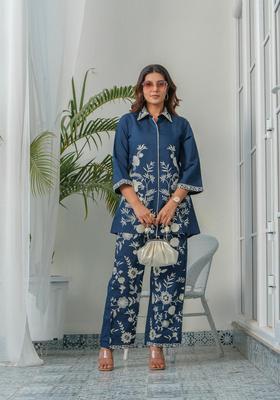 Blue Embroidery Silk Co-Ord Set