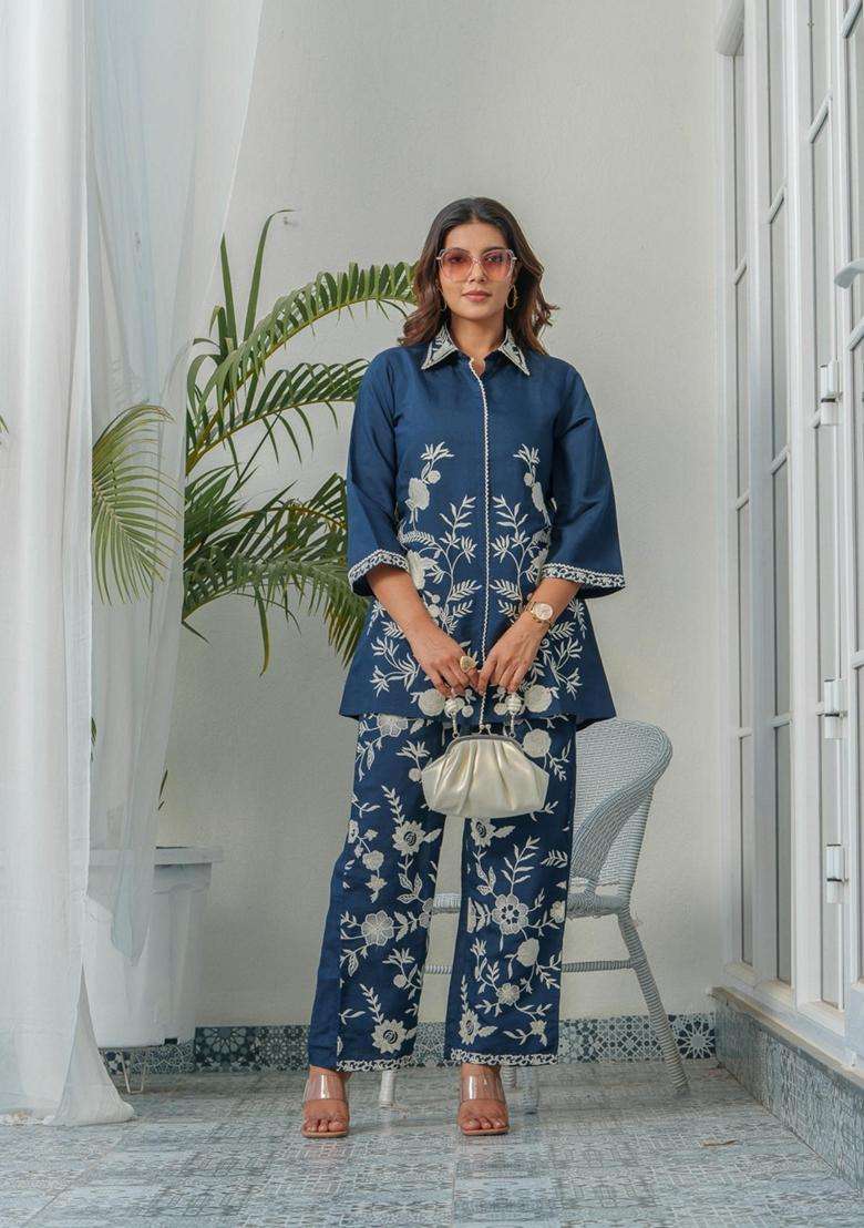 Blue Embroidery Silk Co-Ord Set - Indya
