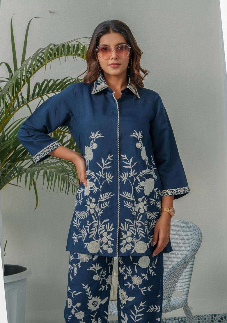 Blue Embroidery Silk Co-Ord Set - Indya