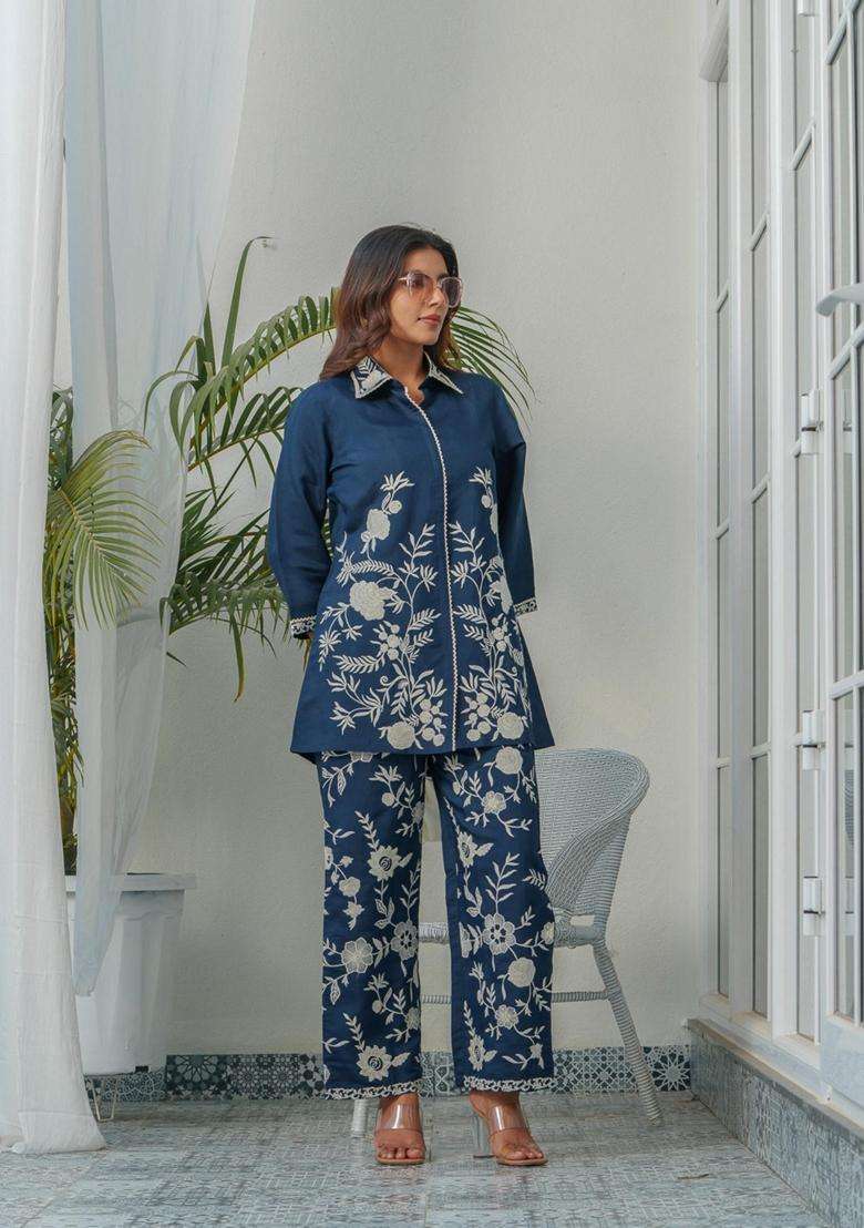 Blue Embroidery Silk Co-Ord Set - Indya