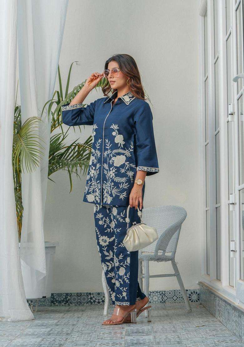 Blue Embroidery Silk Co-Ord Set - Indya