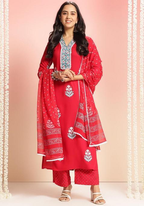 Red Floral Rayon Kurta Set — view on Indya