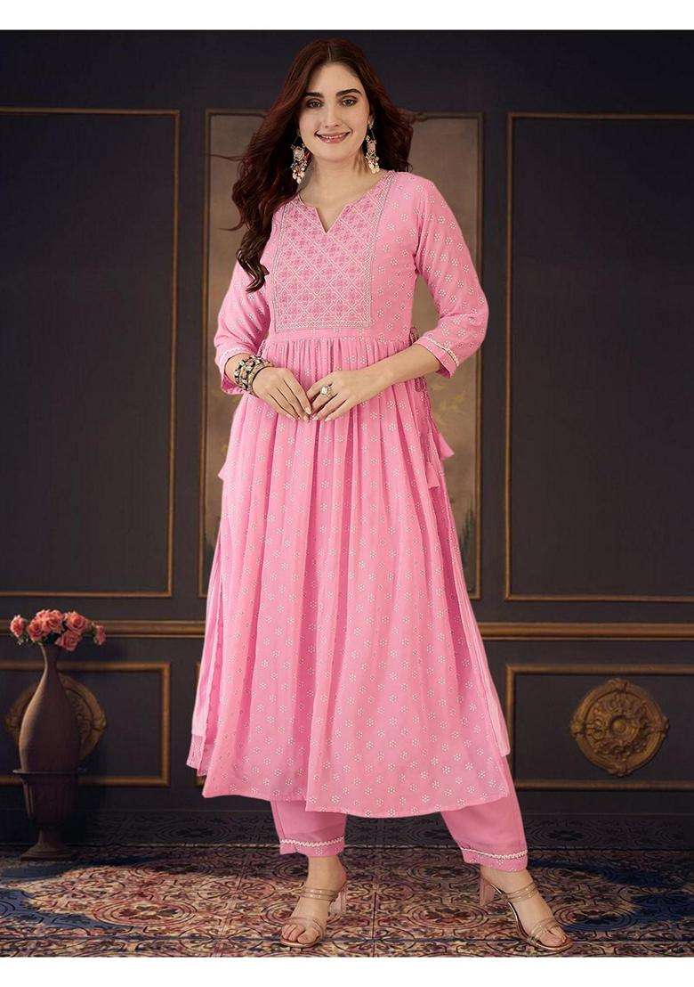 Pink Printed Georgette Kurta Set - Indya