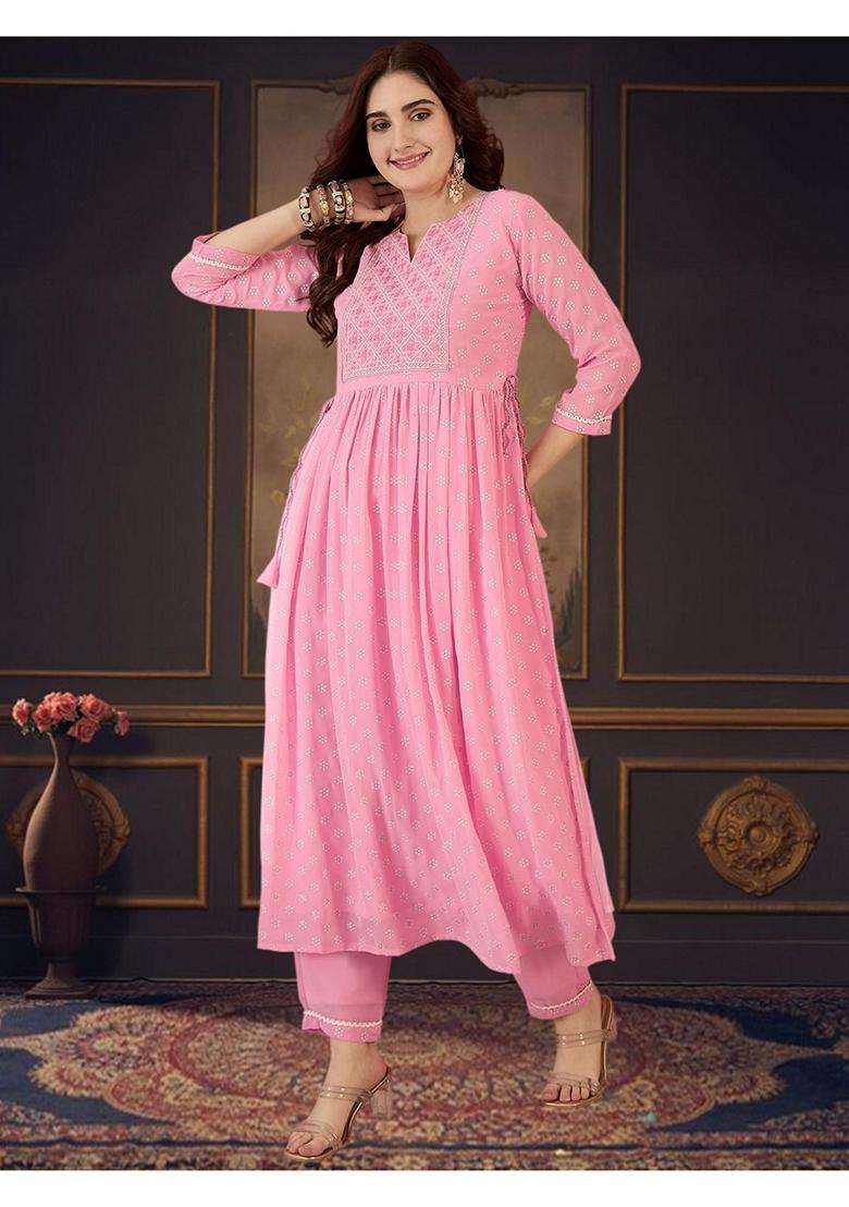 Pink Printed Georgette Kurta Set - Indya