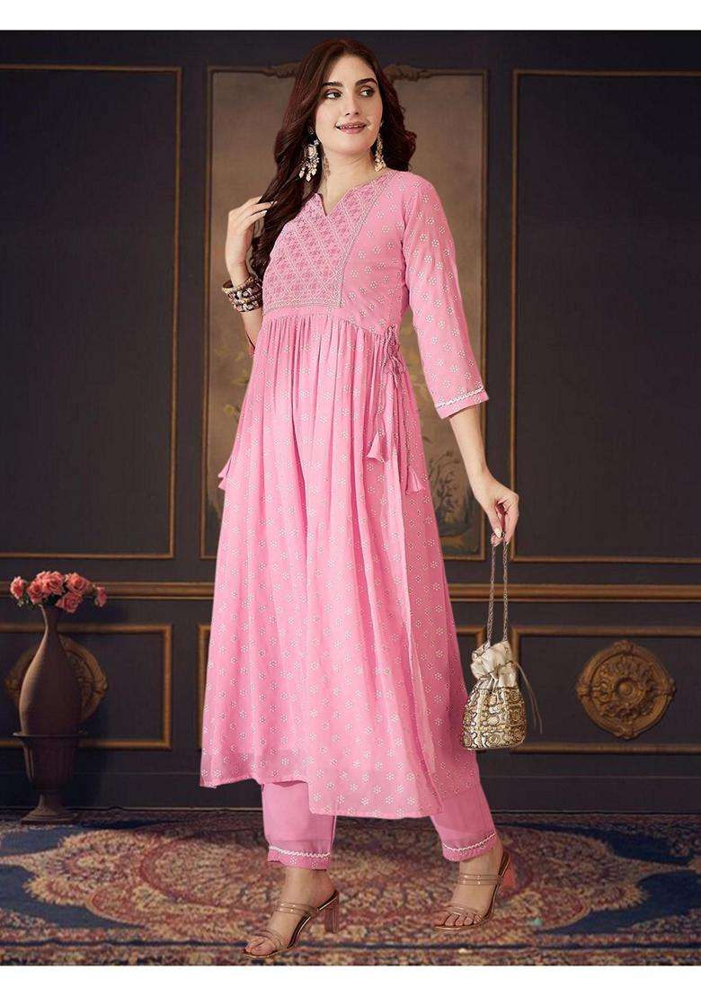 Pink Printed Georgette Kurta Set - Indya