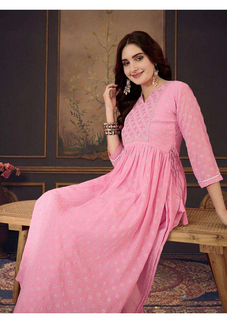 Pink Printed Georgette Kurta Set - Indya
