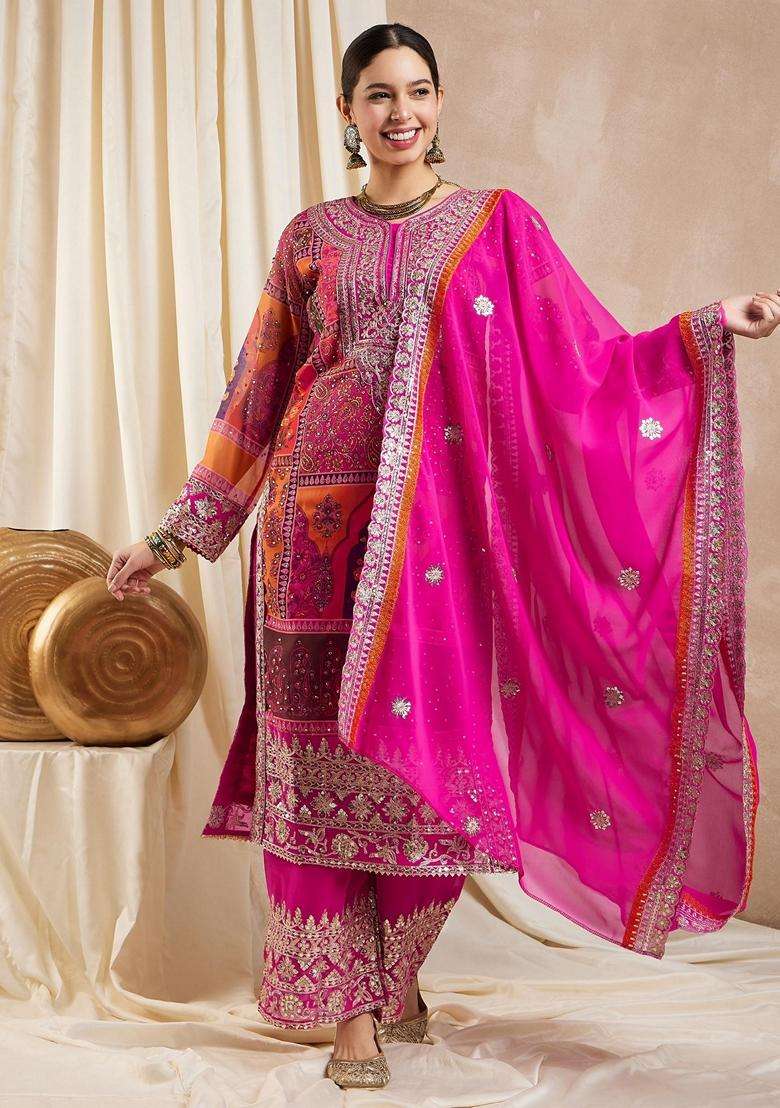 Pink Embroidery Georgette Kurta Set - Indya