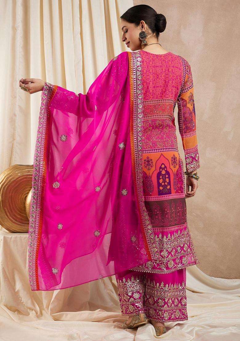 Pink Embroidery Georgette Kurta Set - Indya