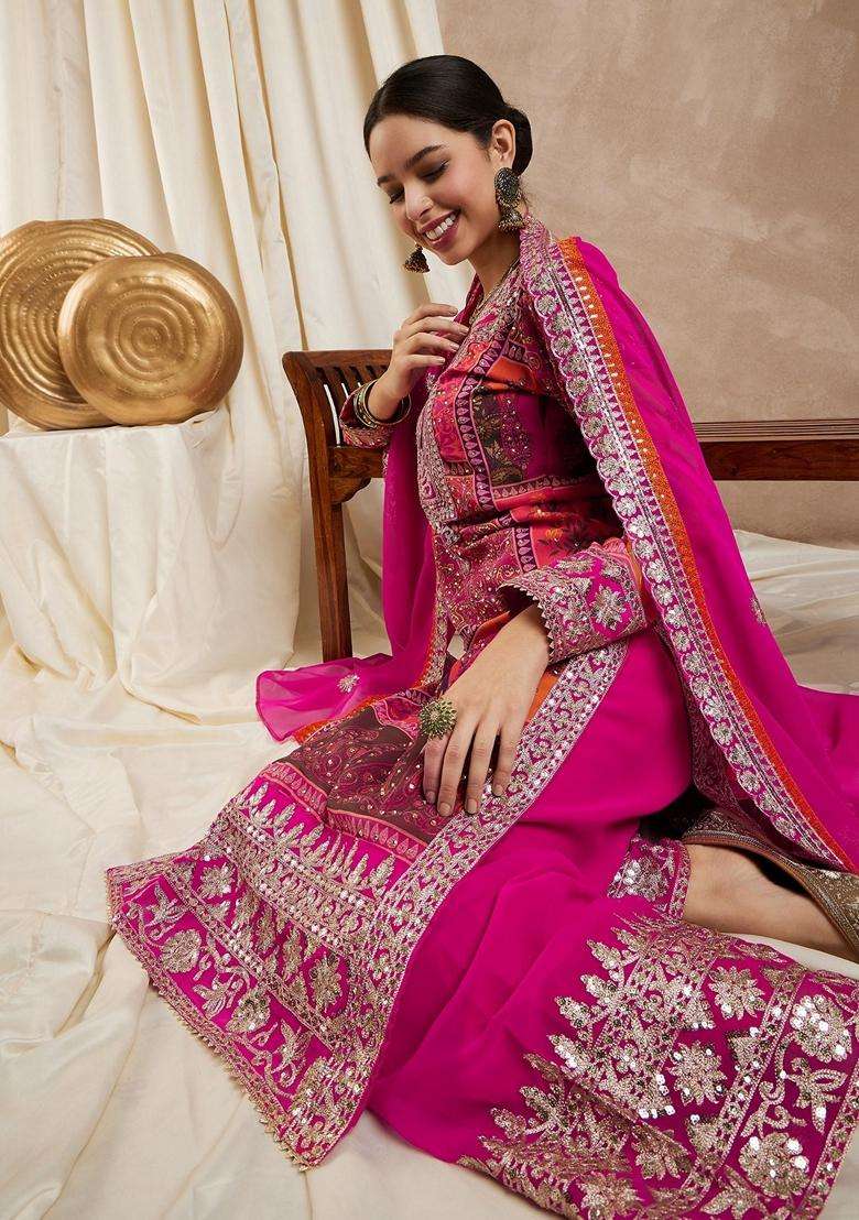 Pink Embroidery Georgette Kurta Set - Indya