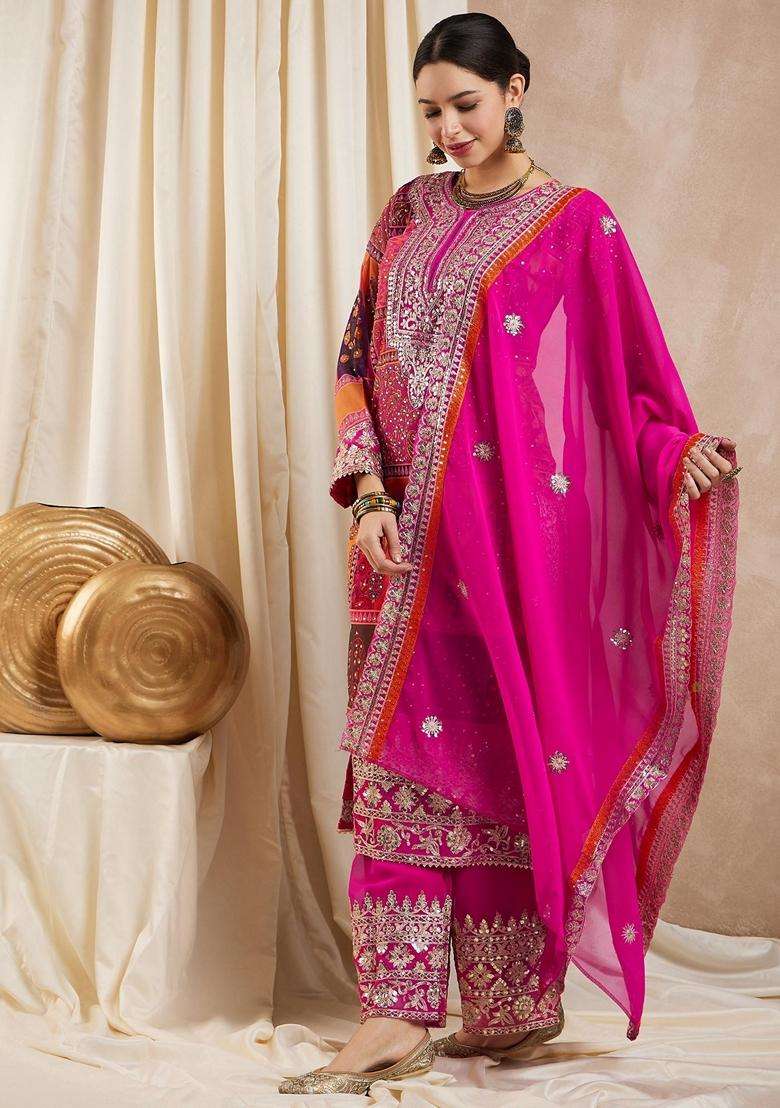 Pink Embroidery Georgette Kurta Set - Indya