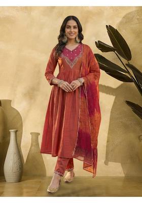 Rust Embroidery Crepe Kurta Set