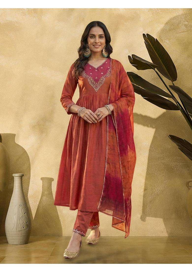 Rust Embroidery Crepe Kurta Set - Indya